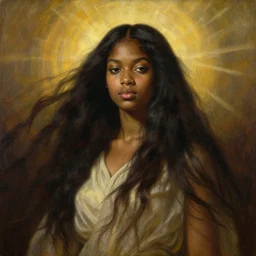 young black woman, goddess of light, long flowing hair, smug expression, highly detailed painting by gaston bussiere, craig mullins, j. c. leyendecker 8 k