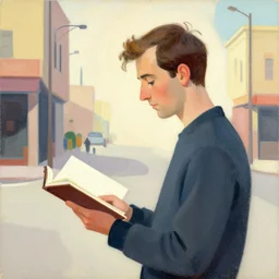 greg manchess mid century album cover featuring a man with a notebook, medium shot, asymmetrical, profile picture, organic painting, sunny day, soft colors, matte painting, bold shapes, hard edges, street art, trending on artstation, by huang guangjian and gil elvgren and sachin teng
