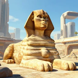 a futuristic science fiction street scene of the sphinx on a sunny day by beeple