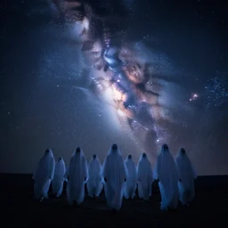 dreamy vision of ghosts walking through milky way galaxy, epic, cosmic