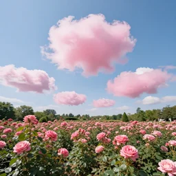 super wide angle, rose garden, pink cotton candy clouds floating in the sky,