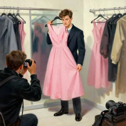 daniel radcliffe in the dressing room of a department store trying on a pink dress, illustration, painting, still - life, paparazzi photography