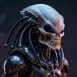 cyberpunk alien portrait, hyper realistic shiny textures 8 k, alien vs predator skull, elongated head, intricate details, fluorescent glow, science fiction space horror, halloween, unreal engine, mechanical futuristic technology, dark, heavy shading, depth of field