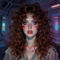 a beautiful and eerie baroque painting of a gorgeous young woman in dead space, with wild curly hair and haunted eyes and freckles, 1 9 7 0 s, seventies, space station, neon light showing injuries, delicate ex embellishments, painterly, offset printing technique