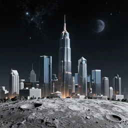 Megapolis skyline, placed on the moon, starry sky, sci-fi