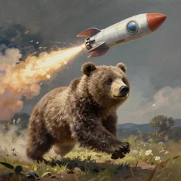 dismayed fuzzy bear running to catch a rocket ship that already launched, digital painting, fine detail, matte finish