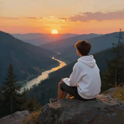 A teenager with a white hoodie sitting on a big rock and watching the sunset, beautiful mountains, river, forest, moody, golden hour, oil painting by Frank Frazetta, digital art, WLOP, artstation, Mandy Jurgens