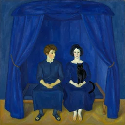 couple under a baldachin. deep indigo blue colors, fuzzy black cat. henri de toulouse - lautrec, utamaro, emil nolde, matisse, rene magritte