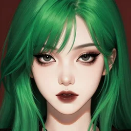 facial portrait of a young pretty anime woman, green hair, dark eyes, gothic eyeliner, headshot, Charlie Bowater, Anna Dittmann, WLOP, Rumiko Takahashi, Akihiko Yoshida, Hyung-tae Kim, alexander mcqueen, trending on Artstation