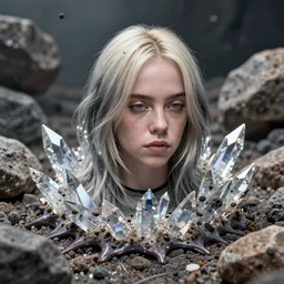 professional photo shot of an billie eilish made of silica crystal spikes, melted with rocks in the background, microscopic picture, grimy, gritty, trending on artstation, award winning, close shot, by aleks labuda and barry webb