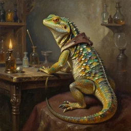 detailed 3 / 4 oil painting of an alchemist, antho lizard fantasy race, medieval apothecary background