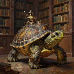 steampunk turtle in a library, oil painting on canvas by kenne gregoire, octane render, fantasy art, hyperrealistic