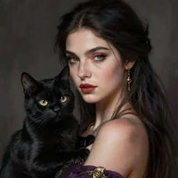 portrait of a sorceress with her black cat familiar, upper body, D&D, fantasy, intricate, cinematic lighting, highly detailed, digital painting, artstation, concept art, smooth, sharp focus, illustration, art by Artgerm and Greg Rutkowski and Alphonse Mucha