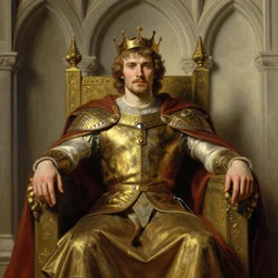 attractive bradley james as king arthur pendragon, sat in his throne, big arches in the back, very detailed painting by gaston bussiere, j. c. leyendecker