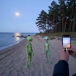 two humanoid aliens standing on a beach at baltic sea, near a pine forest, early evening, dim light, moon reflects on the water, photo quickly taken by someone passing by with an iphone, candid photo, spooky, wide shot, detailed