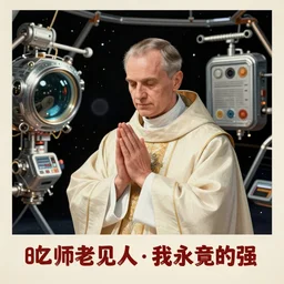Poster of a catholic priest praying in a space station, retrofuturism, vintage, 1950, advertisement.