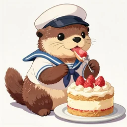 cute otter sailor eat cake, graphic art, rgba, 8 k hd resolution, pinterest, dynamic character, concept art, intricate details, ultra detailed, reduce character duplication, in style of hayao miyazaki