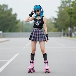 goth girl with blue hair, wearing headphones and sunglasses, short skirt and tank top, pink rollerblades, whole body, wide shot