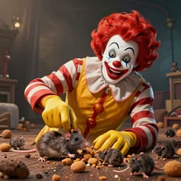 sinister clown Ronald McDonald crushing rats into nuggets