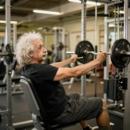 Albert Einstein working out at the gym,