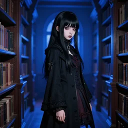 1 7 - year - old goth girl, black hair, long bob cut, long bangs, gothic coat, gloomy library, deep blue lighting, old library, sense of space, strong lighting, strong shadows, vivid hues, ultra - realistic, sharp details, subsurface scattering, intricate details, hd anime, 2 0 1 9 anime