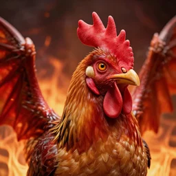 a closeup photorealistic photograph of a chicken dragon from hell. professional capture, well lit shot. fire and flames. trending on artstation, featured on behance, well - rendered, extra crisp, features intricate detail, epic composition and the style of unreal engine.