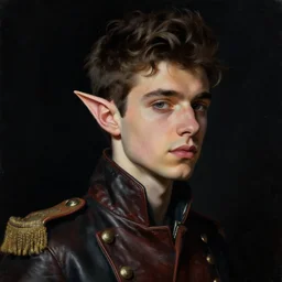 head and shoulders portrait painting of young man who looks like zayn malik as an elf by jeremy mann, wearing leather napoleonic military style jacket, only one head single portrait, pointy ears, black background, soft top lighting, moody, shadowed