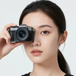photo of young woman, medium close up, with a cyberpunk camera over right eye with led lights, robotic implants over face, small led lights, white background, from the movie 2001 A Space Odyssey