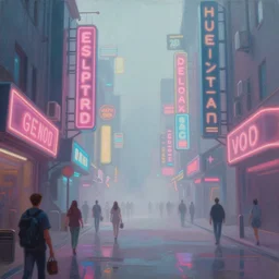 beautiful painting by jeremy mann, cyberpunk street, neon signs, still from enter the void movie, pastel hypercolor scheme, oil painting, perfect composition, detailed octane render trending on artstation, misty, ominous, 8 k artistic photography, volumetric cinematic perfect light, wlop, alena aenami, greg rutkowski