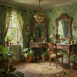 beautiful digital matte painting of a whimsical botanical shabby chic dressing room by greg rutkowski and mark ryden, thomas kinkade, artstation, behance hd - 7 6 8