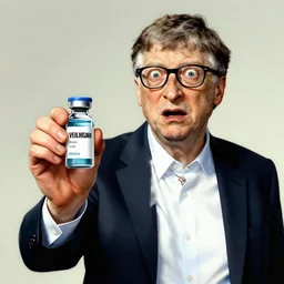 bill gates holding a vaccine in his hand, horror, by Ralph Steadman