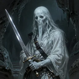 photo of a ghostly pirate, head and torso, standing in a grotto, holding a sword, intricate, elegant, highly detailed, lovecraft, digital painting, artstation, concept art, smooth, sharp focus uhd 8 k, dark, atmospheric, santiago caruso, chris cunningham