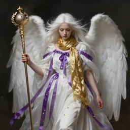 an angel with long light white hair and a gold scarf, windy, cape, purple ribbons, stars, melancholic, modern maximalist fashion dress, is ( ( holding a staff ) ). light dust, magnificent, hyperdetailed, theatrical, painted by jean honore fragonard and greg rutkowski
