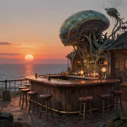 urbex by martin johnson heade, sunset sea scumm bar matte painting fantasy extraterrestial tokyo, archdaily, wallpaper, highly detailed, trending on artstation.