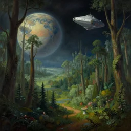 A strange forest and space ship on a science-fiction planet, beautiful matte painting, Moebius, frank frazetta, sid mead, thomas kinkade, rodney mathews, trending on artstation