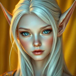 a beautiful portrait, golden background, gorgeous fantasy elf. professionally retouched, soft lighting, realistic, smooth face, gorgeous blue eyes, long white hair, cute ears, wide angle, sharp focus on the eyes, 8 k high definition, insanely detailed, intricate, elegant, gorgeous, art by artgerm and wlop