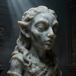 weird marble chimera statue close up in a dark room, creepy and eerie athmosphere, mist, godrays, photorealistic, highly detailed, unreal engine