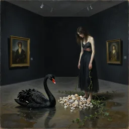 painting of a flooded art gallery room at an art gallery, zen, black walls, a tall emo woman counting a pile of seashells in a dark room, a black swan, sensual, vines coming from puddles, surrealist, by magritte and monet