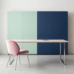 a minimal 7 0 s prisunic catalog with the indoor office of severance series ( 2 0 2 2 ), in color, all furniture in pink velvet, soft clear green, blue navy and metal