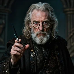 Ian McKellen with grey goatee and scissors glasses, as a frightened alchemist, highly detailed, dramatic, fantasy concept art by terry wei, trending on Artstation, Pinterest