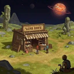 in front of a general store, in a remote outpost, on an alien planet, from a space themed point and click 2 d graphic adventure game, set design inspired slightly by hg giger and tomb raider, art inspired by thomas kinkade and william lionel wyllie