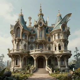 trippy fantasy wavy futuristic victorian atompunk mansion, surreal, fins, architectural accents