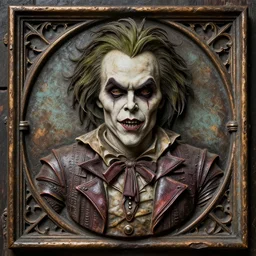 rustic antiqued, gothic bas relief of beetlejuice, textured 3 d, intense detail, hyperealism, 4 k