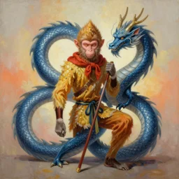 painting of hybrid between sun wukong & dragon, intercrossed animal, by zdzislaw beksinski, by lewis jones, by mattias adolfsson, cold hue's, warm tone gradient background, concept art, beautiful composition, digital painting