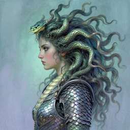 side profile, medusa, naga, snake hair, snake scales, heavy metal scale armor, dreamy colors, by greg manchess, huang guangjian, gil elvgren, sachin teng, greg rutkowski, jesper ejsing, ilya kuvshinov