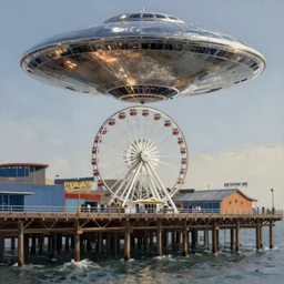 the Santa Monica Pier and Ferris Wheel being visited by a large UFO, an epic painting, glinting metal, volumetric lighting, intricate, elegant, highly detailed, digital painting, artstation, concept art, smooth, sharp focus, art by Maciej Kuciara
