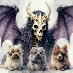Diabolical Masterpiece Fuzzy Paws Fluffy Ears gerald brom anton semenov Christophe Young Cristi Balanescu artstation ancient dracolich flying wraith dragon, wearing bone crown lich skeleton crypt watercolor face head eyes teeth snout collar ASPCA adoption center tombow