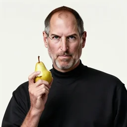 Steven Paul Jobs holding a broken pear in deep thinking, realistic, 8k, photography, biology