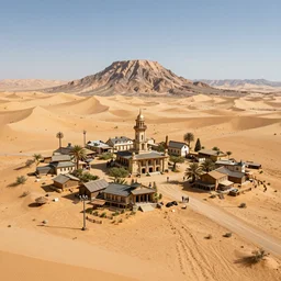 large fantasy western town in the middle of a sandy desert with a mountain on the horizon. magic the gathering art, digital media