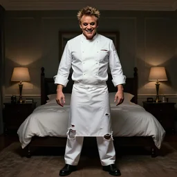gorgeous gordon ramsay, full body shot, torn white chef outfit, evil smile, spooky, illustration, symmetrical face realistic symmetrical eyes, bedroom setting, cinematic lighting, evil